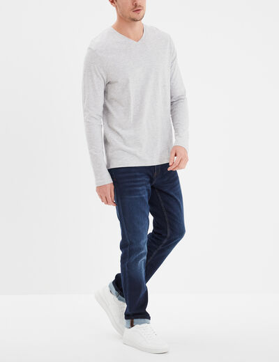 T-shirt col en V manches longues coton gris homme