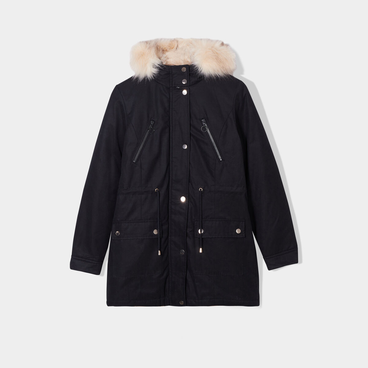 Parka cintr&eacute;e &agrave; capuche fourr&eacute;e amovible noir femme