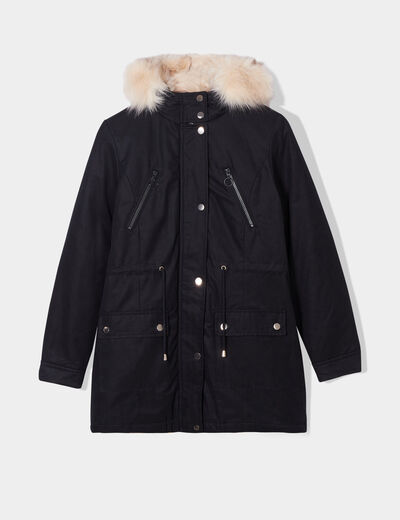 Parka cintrée à capuche fourrée amovible noir femme