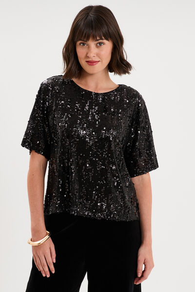 T-shirt &agrave; sequins manches courtes noir femme
