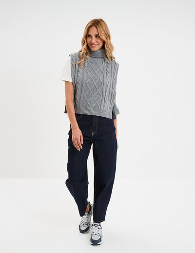 Pull poncho col roul&eacute; sans manches gris femme