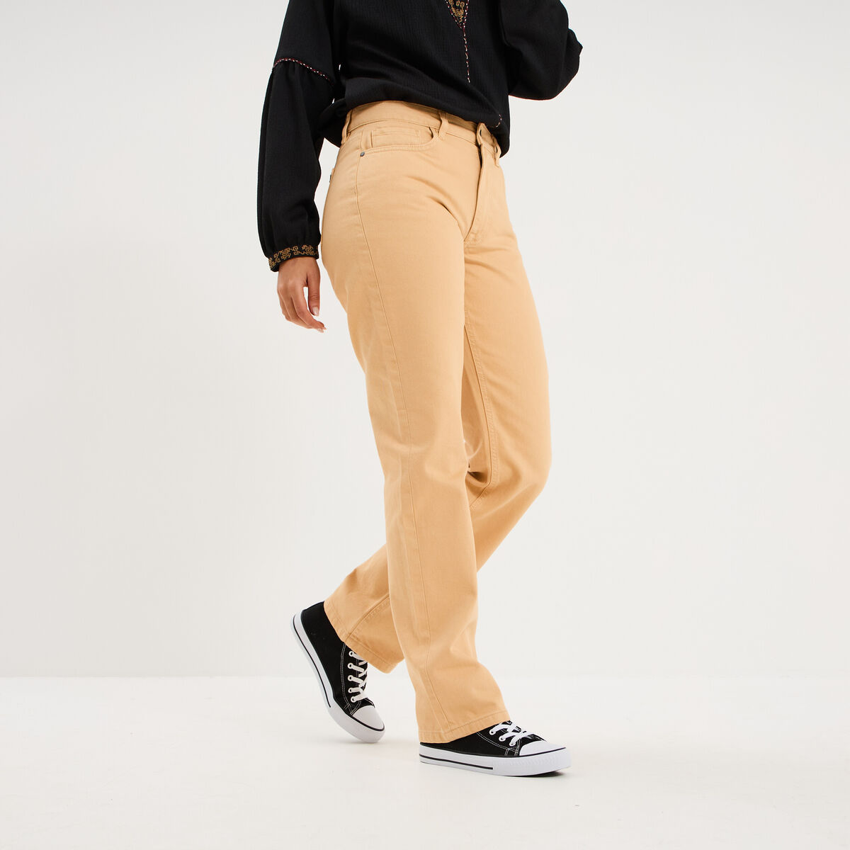 Pantalon droit coton beige femme