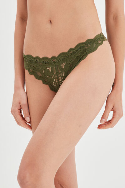 Tanga en dentelle vert kaki femme