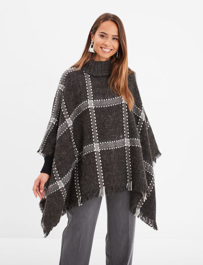 Poncho à col roulé bords à franges fines gris foncé femme