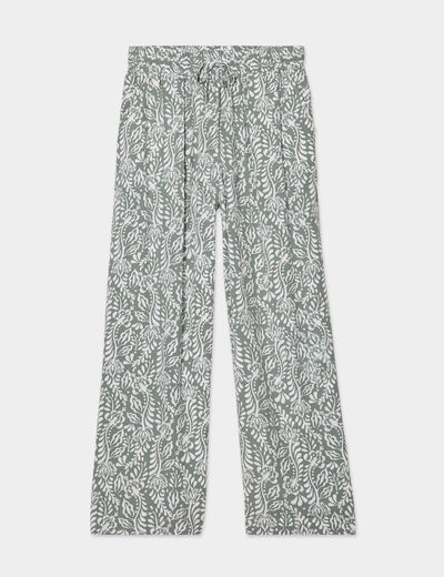 Pantalon fluide large taille élastiquée vert kaki femme