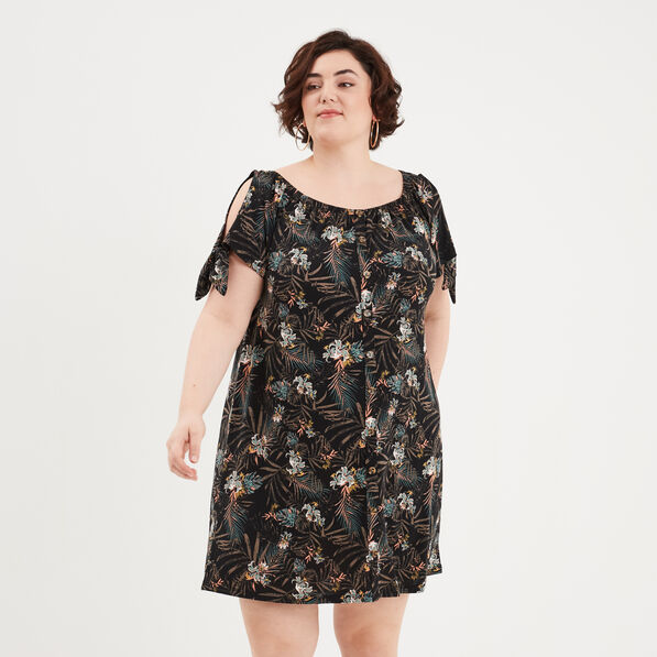 Robe courte évasée fluide boutonnée noir femme grande taille