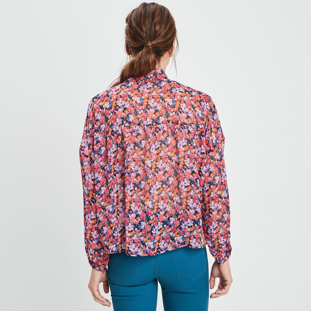 Chemise col lavallière manches longues bleu marine femme