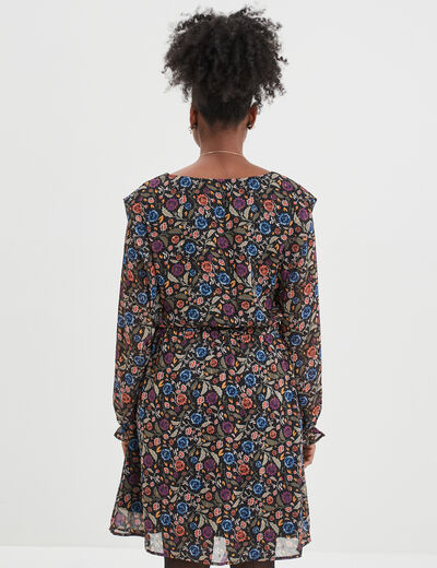 Robe évasée taille élastiquée col en V multicolore femme