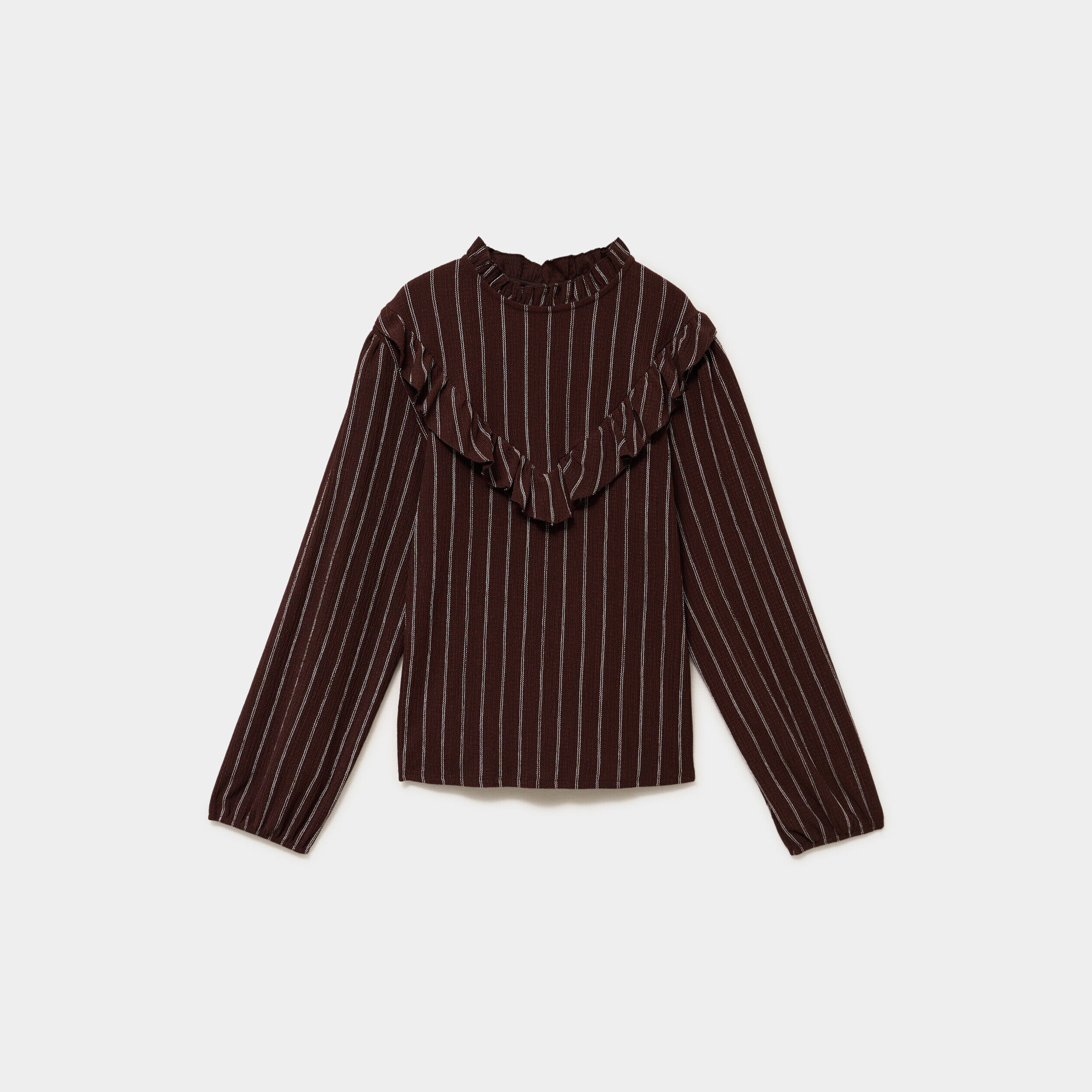 Blouse col montant à volants marron foncé femme