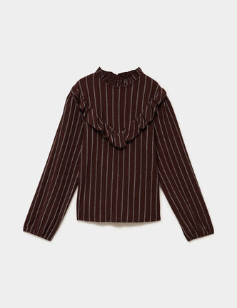 Blouse col montant &agrave; volants marron fonc&eacute; femme