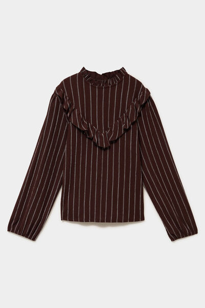 Blouse col montant &agrave; volants marron fonc&eacute; femme