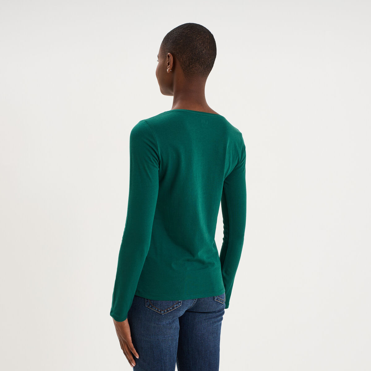 T-shirt coton col rond manches longues vert fonc&eacute; femme