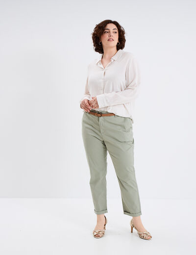 Pantalon chino cigarette ceinturé coton vert kaki femme grande taille