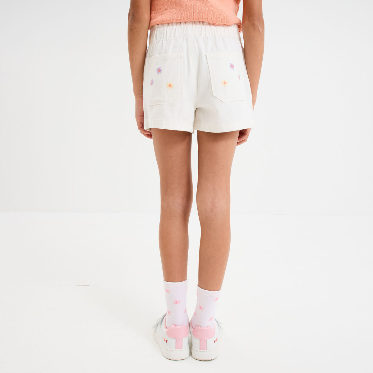 Short brodé taille élastiquée coton ecru fille