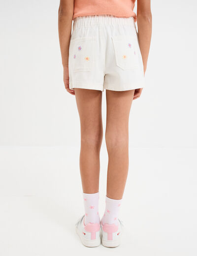 Short brodé taille élastiquée coton ecru fille