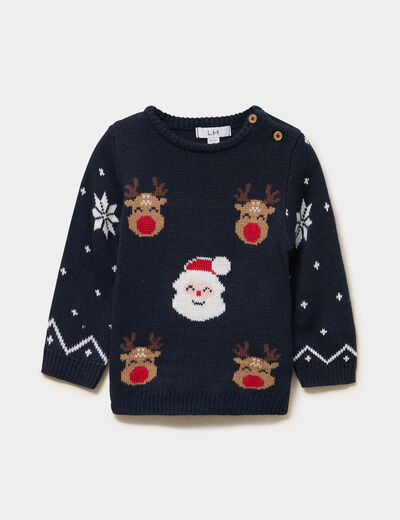 Pull de No&euml;l col rond manches longues bleu marine b&eacute;b&eacute; gar&ccedil;on