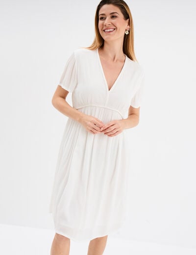 Robe col en V détails tressés blanc femme