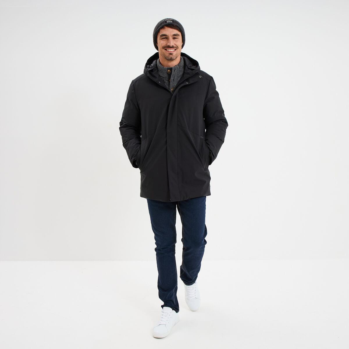 Parka mi-longue &agrave; capuche noir homme