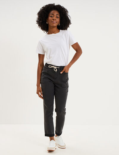 Jeans droit cropped taille &eacute;lastiqu&eacute;e denim noir femme