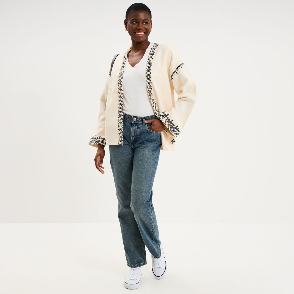Veste esprit kimono brod&eacute;e coton ivoire femme