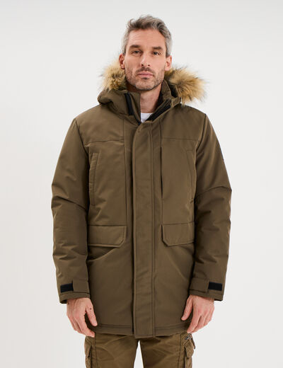Parka &agrave; capuche fausse fourrure vert kaki homme