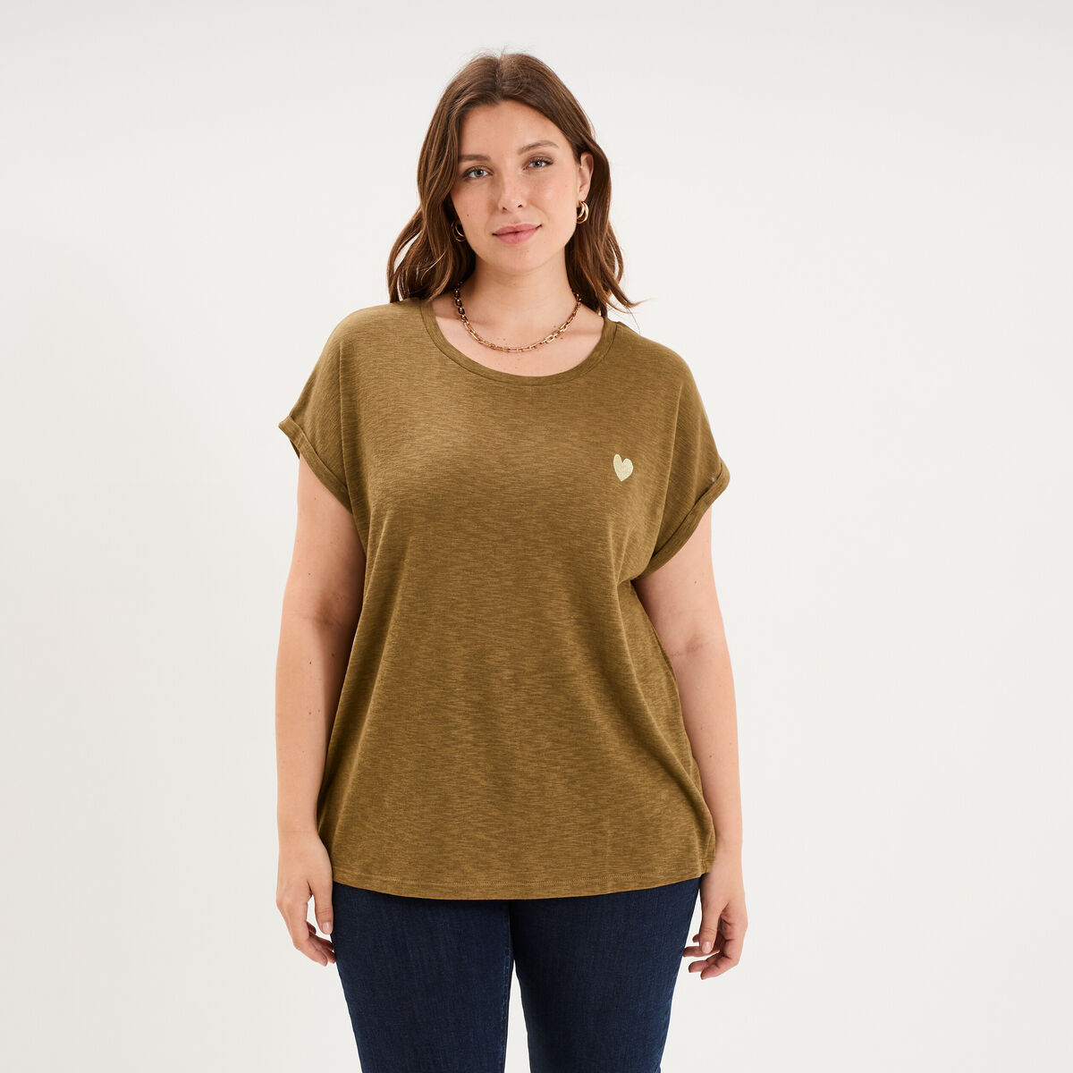 T-shirt droit manches courtes col rond beige femme grande taille