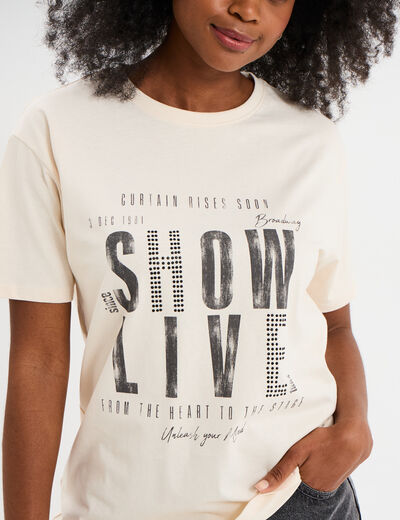 T-shirt strass et manches courtes creme femme