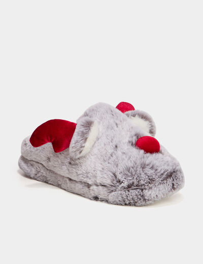 Chaussons mules fausse fourrure gris femme