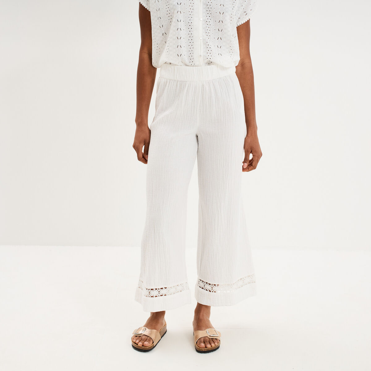 Pantalon large &eacute;lastiqu&eacute;e gaze coton blanc femme