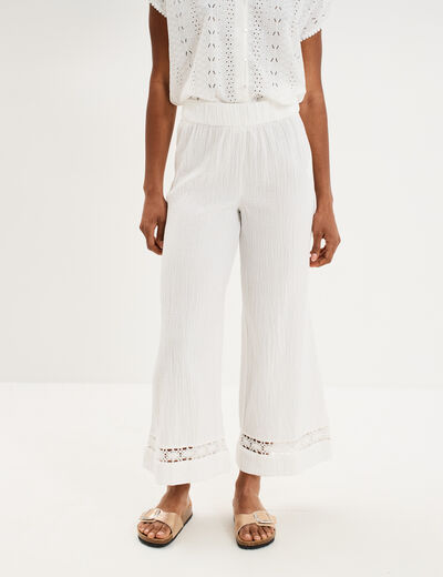 Pantalon large &eacute;lastiqu&eacute;e gaze coton blanc femme