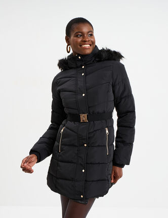 Doudoune ceinturée mi-longue à capuche noir femme