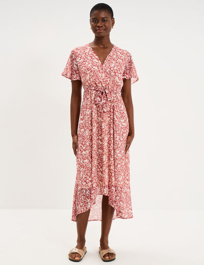 Robe longue &eacute;vas&eacute;e col cache-coeur rose femme