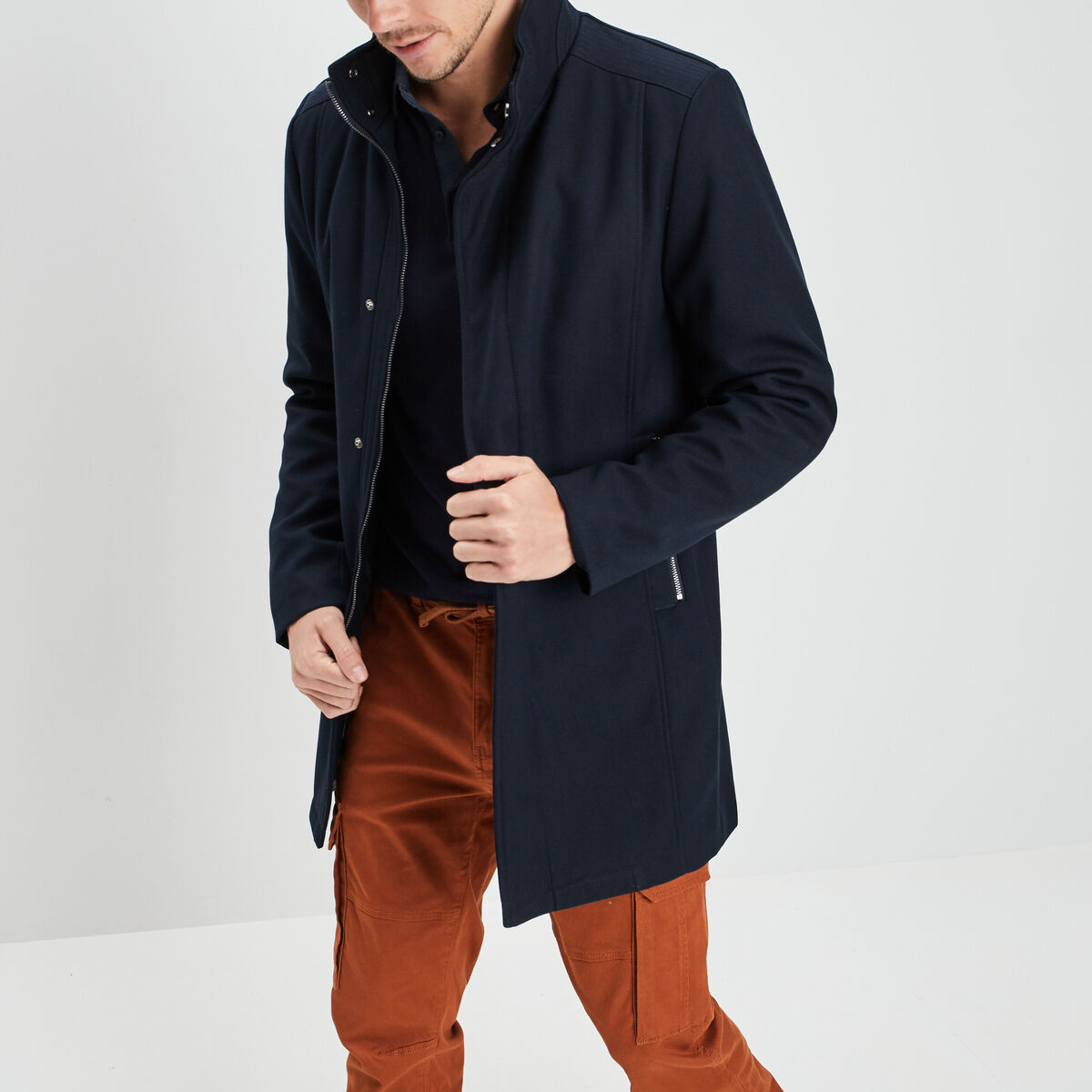 Manteau mi-long col montant bleu marine homme