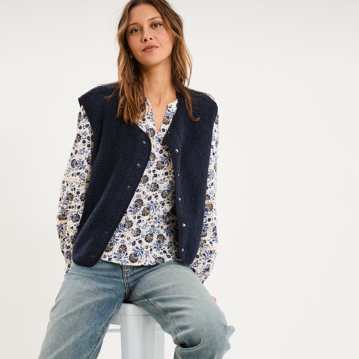 Veste sans manches effet polaire bleu marine femme