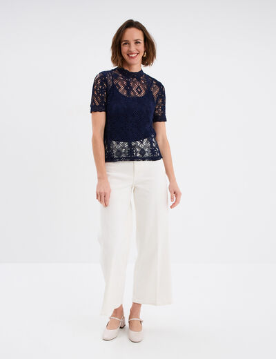 T-shirt dentelle manches courtes bleu marine femme