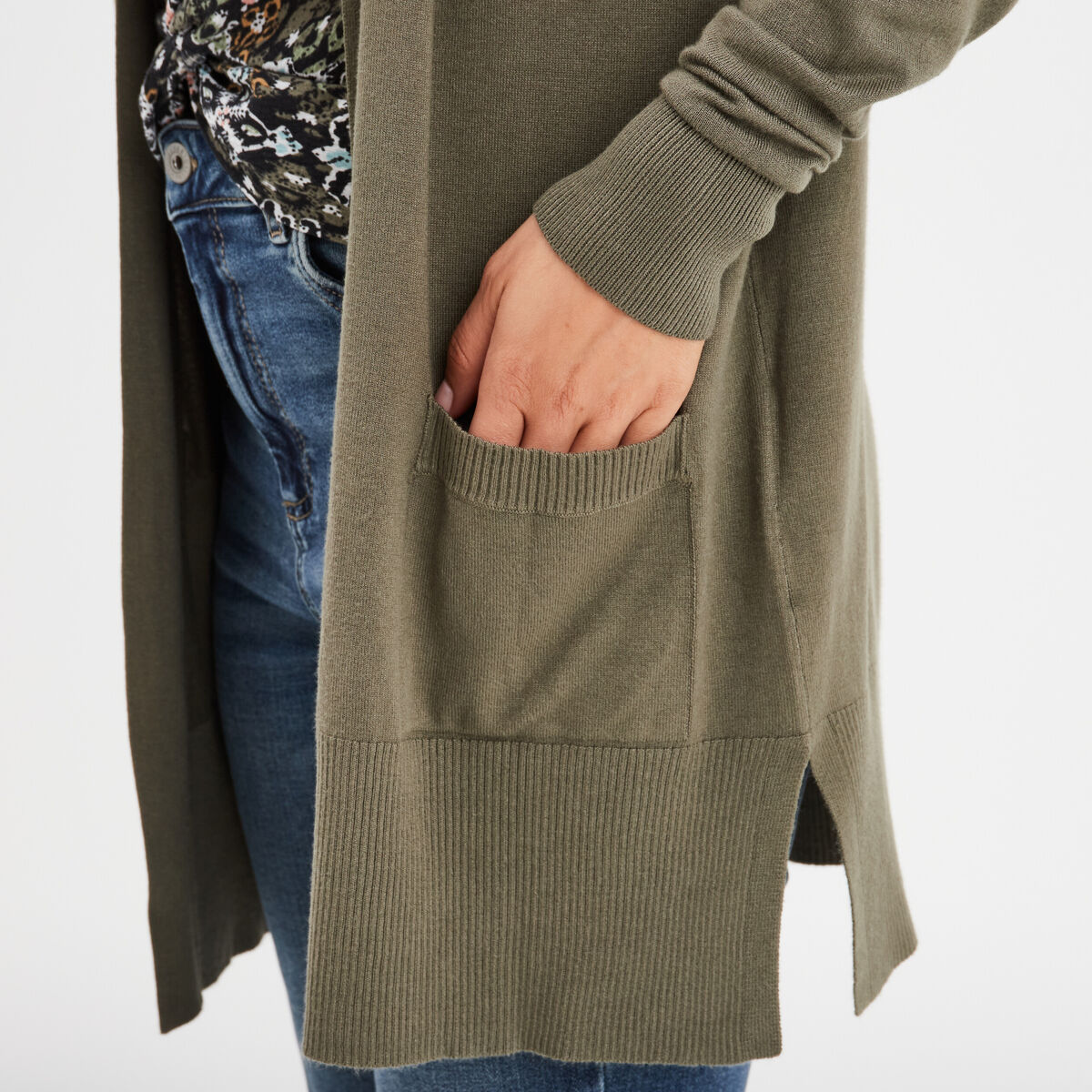 Gilet mi-long manches longues vert kaki femme