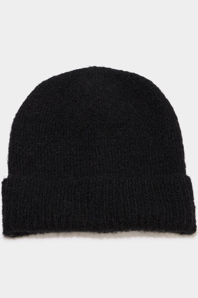 Bonnet maille c&ocirc;tel&eacute;e noir femme