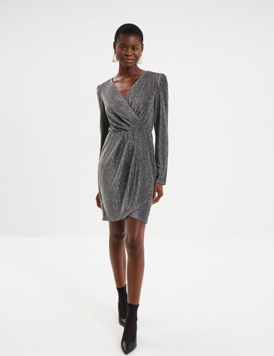 Robe paillettes portefeuille courte gris argent femme