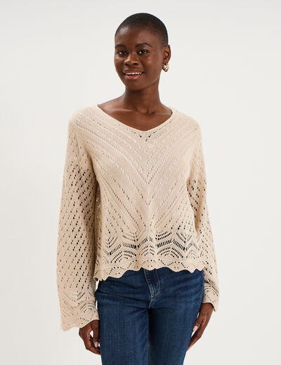 Pull ajour&eacute; col en V manches longues beige femme