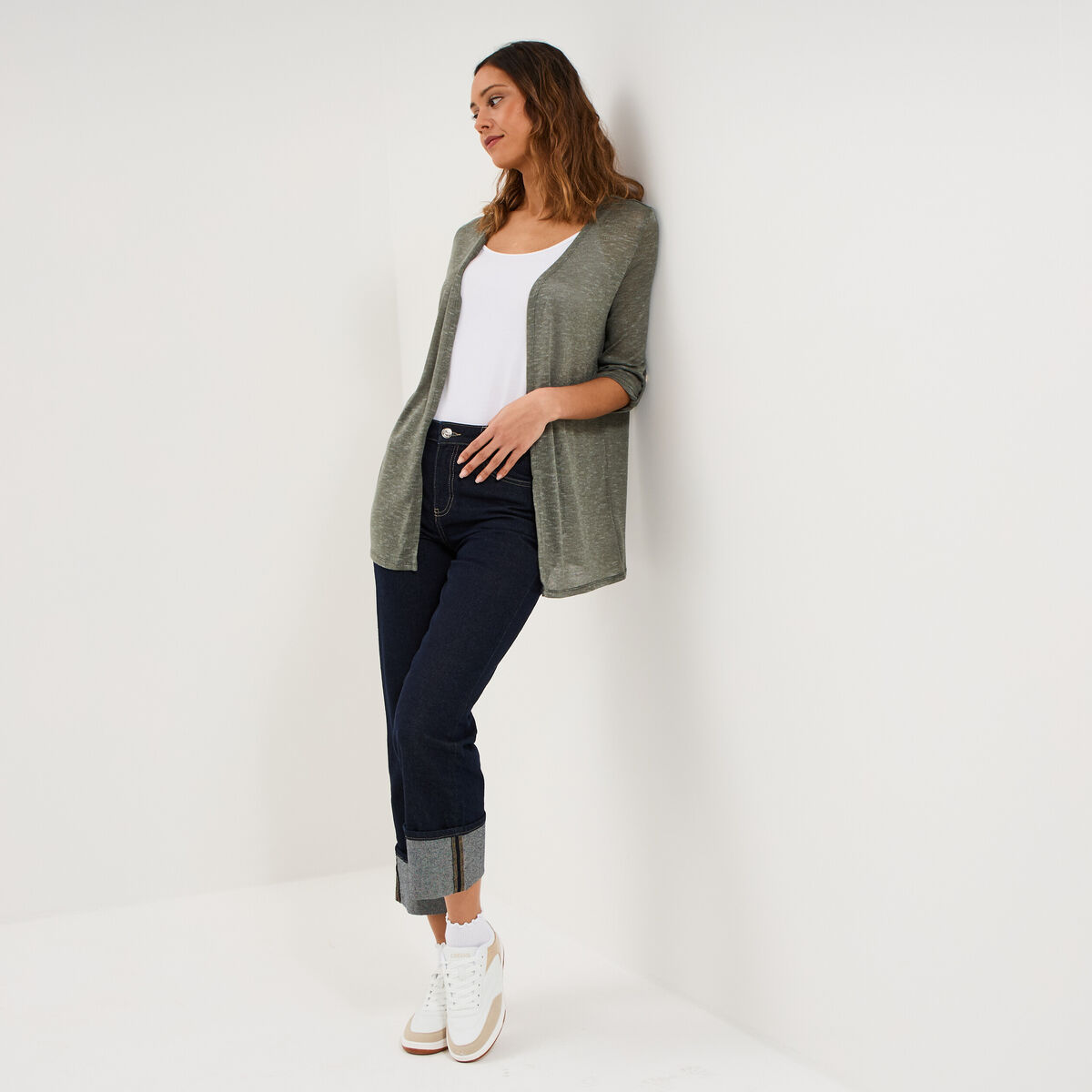 Gilet fin mi long manches 3/4 vert kaki femme
