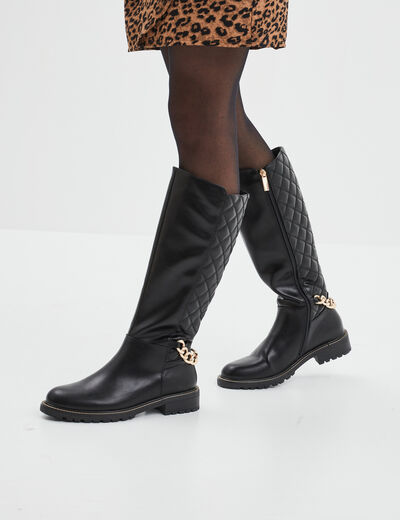 Bottes hautes matelassées avec chaînes noir femme