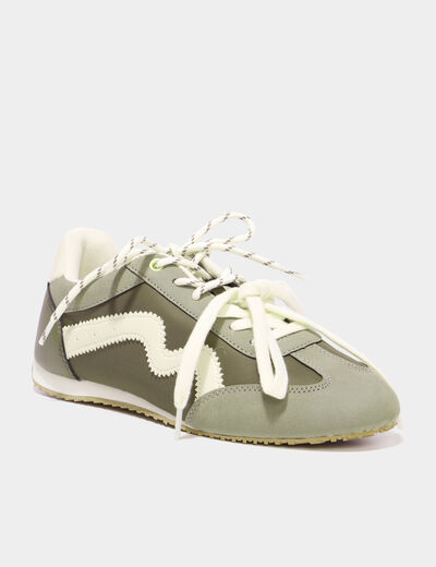 Baskets &agrave; lacets doubles semelle fine vert kaki femme