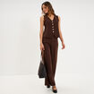 Pantalon large fluide taille haute marron fonc&eacute; femme