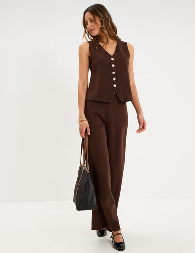 Pantalon large fluide taille haute marron fonc&eacute; femme