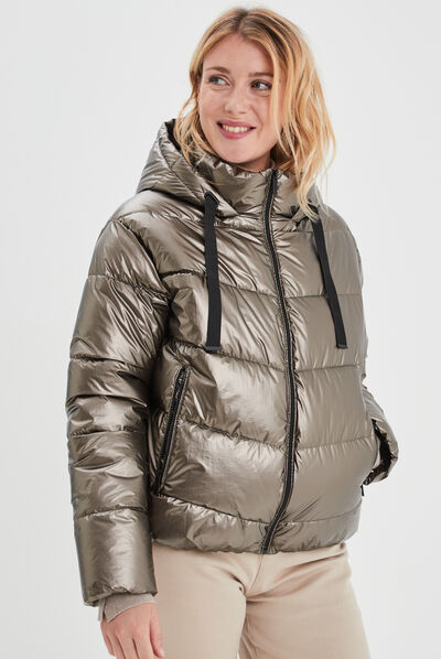 Doudoune métallisée zippée à capuche couleur bronze femme