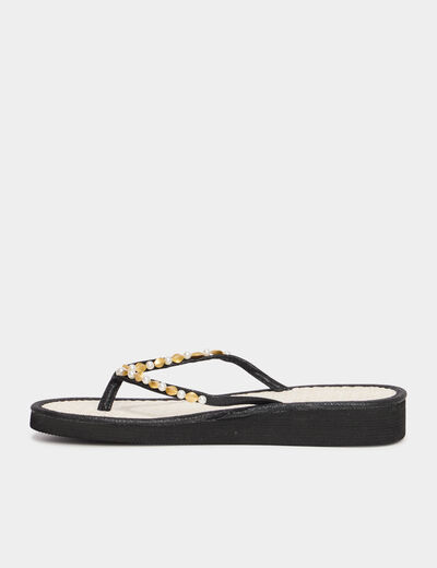 Tongs compensées détails bijoux noir femme