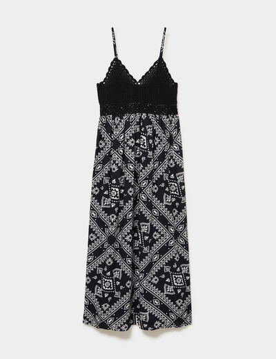 Robe longue buste effet crochet noir femme