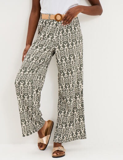 Pantalon fluide large avec ceinture vert kaki femme