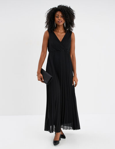Robe longue plissée sans manches col V noir femme