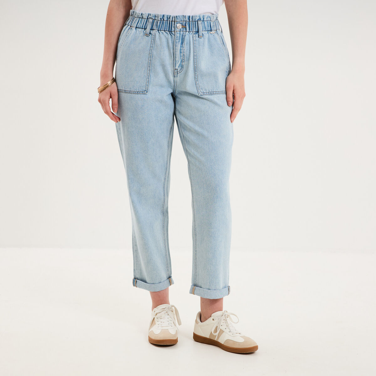 Jean paperbag cropped taille &eacute;lastiqu&eacute;e denim triple stone femme